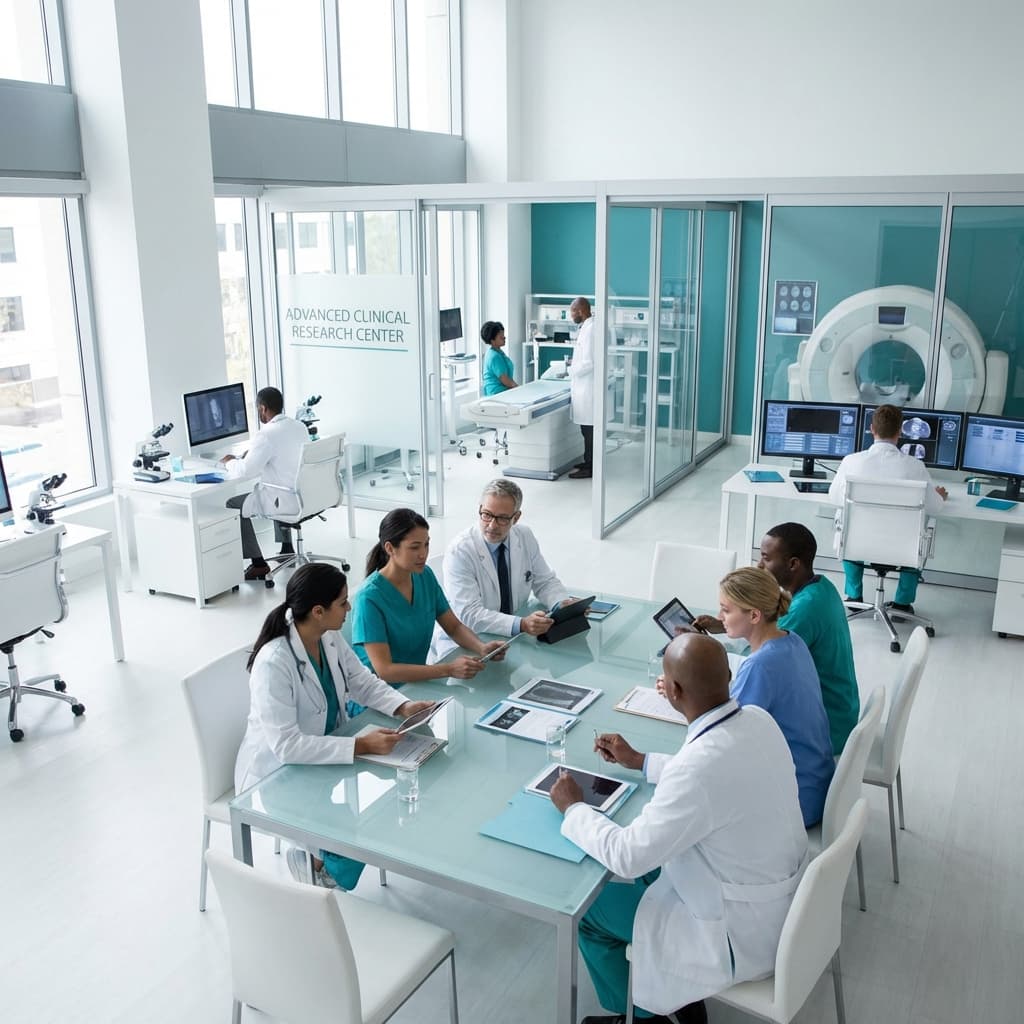 Centro de pesquisa clínica moderna com equipe médica em colaboração